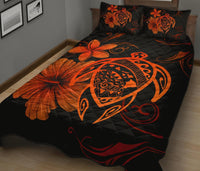 Hawaii Turtle Kanaka Map Hibiscus Poly Quilt Bed Set - Orange - Polynesian Pride