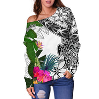 Nauru Women's Off Shoulder Sweater White - Turtle Plumeria Banana Leaf - Polynesian Pride