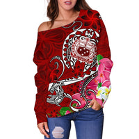 Samoa Women's Off Shoulder Sweater - Turtle Plumeria (Red) - Polynesian Pride