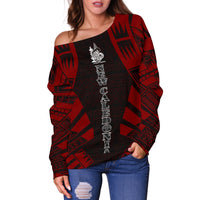 New Caledonia Women's Off Shoulder Sweater - Polynesian Tattoo Red - Polynesian Pride