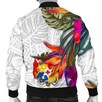 Tonga Men's Bomber Jacket Polynesian Hibiscus White Pattern - Polynesian Pride