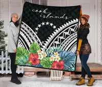 Cook Islands Premium Quilt - Cook Islands Coat of Arms & Polynesian Tropical Flowers White - Polynesian Pride