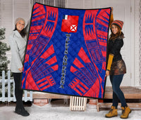 Wallis And Futuna Premium Quilt - Wallis And Futuna Coat Of Arms Polynesian Red Tattoo (Dark Blue) - Polynesian Pride