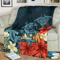Hawaii Turtle Shark Manta Ray Hibiscus Plumeria Premium Blanket - Polynesian Pride