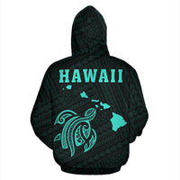 Polynesian Kakau Turtle Map of Hawaii Hoodie Turquoise - Polynesian Pride