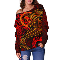 Chuuk Women's Off Shoulder Sweater - Red Shark Polynesian Tattoo - Polynesian Pride
