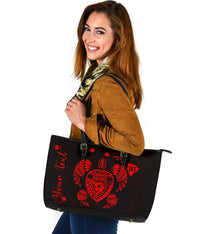 Personalized - Hawaii Kakau Polynesian Ohana Turtle Map Large Leather Tote - Red - Polynesian Pride