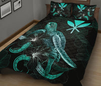 Hawaii Polynesian Quilt Bed Set - Turtle With Blooming Hibiscus Turquoise - Polynesian Pride