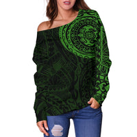 Polynesian Tattoo Style Off Shoulder Sweater Green A7 - Polynesian Pride