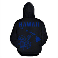 Polynesian Kakau Turtle Map of Hawaii Zip Hoodie Blue - Polynesian Pride
