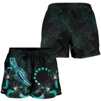 Cook Islands Polynesian Women's Shorts - Turtle With Blooming Hibiscus Turquoise - Polynesian Pride