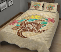 Kanaka Maoli (Hawaii) Quilt Bed Set - Turtle Polynesian Flower Tattoo Beige - Polynesian Pride