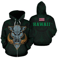 Polynesian Kamapuaa Flag of Hawaii Zip Hoodie Green Hawaiian Mythology Style Unisex Green - Polynesian Pride
