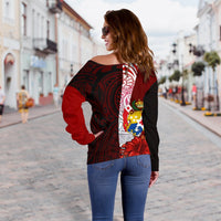 Tonga Polynesian Custom Personalised Women's Off Shoulder Sweater - Coat Of Arm With Hibiscus - Polynesian Pride