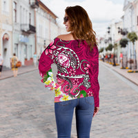 Guam Custom Personalised Women's Off Shoulder Sweater - Turtle Plumeria (Pink) - Polynesian Pride