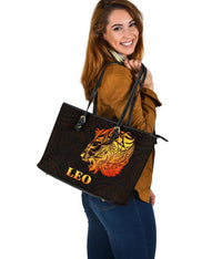 Sun In Leo Zodiac Large Leather Tote Polynesian Tattoo Simple - Orange Black - Polynesian Pride