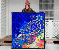 Hawaii Premium Quilt - Turtle Plumeria Polynesian Tattoo Blue Color - Polynesian Pride