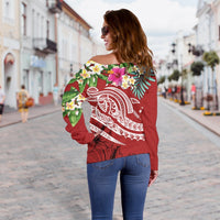 Kosrae Polynesian Off Shoulder Sweater - Summer Plumeria (Red) - Polynesian Pride