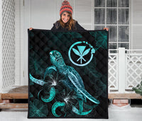 Hawaii Polynesian Premium Quilt - Turtle With Blooming Hibiscus Turquoise - Polynesian Pride