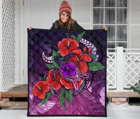 Polynesian Premium Quilt - Purple Hibiscus Turtle Flowing - Polynesian Pride