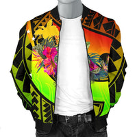 Papua New Guinea Men's Bomber Jacket - Polynesian Hook And Hibiscus (Raggae) - Polynesian Pride
