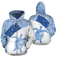 Samoa Zip up Hoodie Samoa Turtle Mermaid Polynesian Tattoo White Blue Unisex Black - Polynesian Pride
