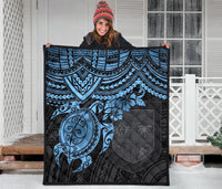 Fiji Polynesian Premium Quilt - Fiji Flag & Blue Turtle Hibiscus - Polynesian Pride