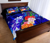 Custom Personalised Yap Quilt Bed Set - Humpback Whale with Tropical Flowers (Blue) - Polynesian Pride