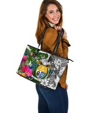 Nauru Custom Personalised Large Leather Tote White - Turtle Plumeria Banana Leaf Crest - Polynesian Pride