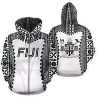 Fiji Tapa Zip up Hoodie Fiji Coat of Arms Coconut Tree Unisex White - Polynesian Pride