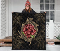 Hawaii Shark Hibiscus Gold Premium Quilt - Polynesian Pride