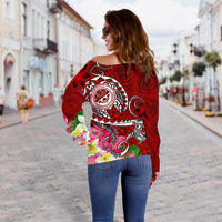 FSM Custom Personalised Women's Off Shoulder Sweater - Turtle Plumeria (Red) - Polynesian Pride
