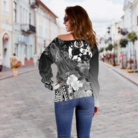 Tonga Women's Off Shoulder Sweater - Humpback Whale with Tropical Flowers (White) - Polynesian Pride