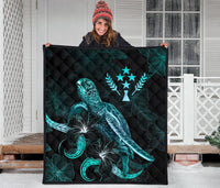 Kosrae Polynesian Premium Quilt - Turtle With Blooming Hibiscus Turquoise - Polynesian Pride