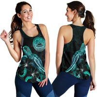 American Samoa Polynesian Women Tank Top - Turtle With Blooming Hibiscus Turquoise - Polynesian Pride