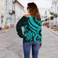 Wallis and Futuna Women's Off Shoulder Sweater - Turquoise Tentacle Turtle - Polynesian Pride