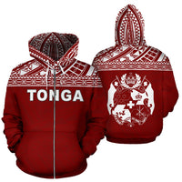 Tonga Polynesian All Over Zip up Hoodie Red Horizontal Style Unisex Red - Polynesian Pride