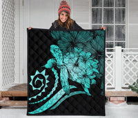 Hawaii Turtle Hibiscus Polynesian Vintage Premium Quilt - Turquoise - Polynesian Pride
