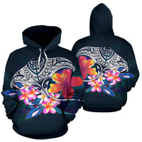 Polynesian Hoodie Manta Ray nd Hibiscus Unisex Blue - Polynesian Pride