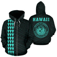 Polynesian Kakau Seal of Hawaii Zip Hoodie Turquoise Unisex Turquoise - Polynesian Pride