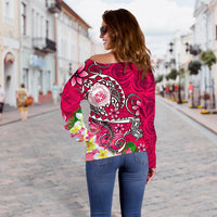 Hawaii Polynesian Women's Off Shoulder Sweater - Hawaii Seal With Turtle Plumeria (Pink) - Polynesian Pride