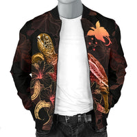 Papua New Guinea Polynesian Men's Bomber Jacket - Turtle With Blooming Hibiscus Gold - Polynesian Pride