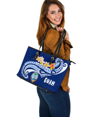 Guam Large Leather Tote Bag - Guam Seal Polynesian Patterns Plumeria (Blue) - Polynesian Pride