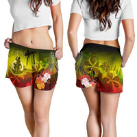 Vanuatu Women's Shorts - Humpback Whale with Tropical Flowers (Yellow) - Polynesian Pride