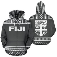 Fiji Tapa All Over Zip up Hoodie Grey and White Version Unisex Grey And White - Polynesian Pride