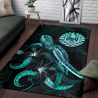 Tahiti Polynesian Area Rugs - Turtle With Blooming Hibiscus Turquoise - Polynesian Pride