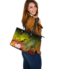 Cook Islands Large Leather Tote Bag - Humpback Whale with Tropical Flowers (Yellow) - Polynesian Pride