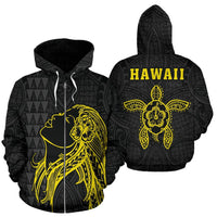 Polynesian Kakau Hula Girl Turtle Hibiscus Hawaii Zip Hoodie Yellow Unisex Yellow - Polynesian Pride