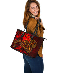Polynesian Wallis and Futuna Large Leather Tote Bag - Red Shark Polynesian Tattoo - Polynesian Pride