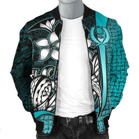 Pohnpei Micronesia Men's Bomber Jackets Turquoise - Turtle With Hook - Polynesian Pride